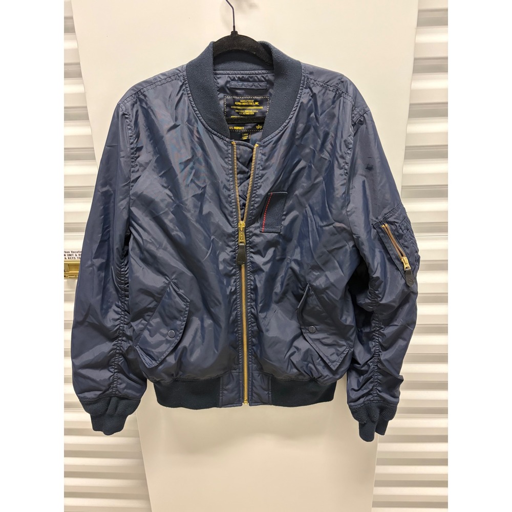 Alpha Industries MA-1 Bomber Flight Jacket Mens Large Navy Blue Nylon Excellent